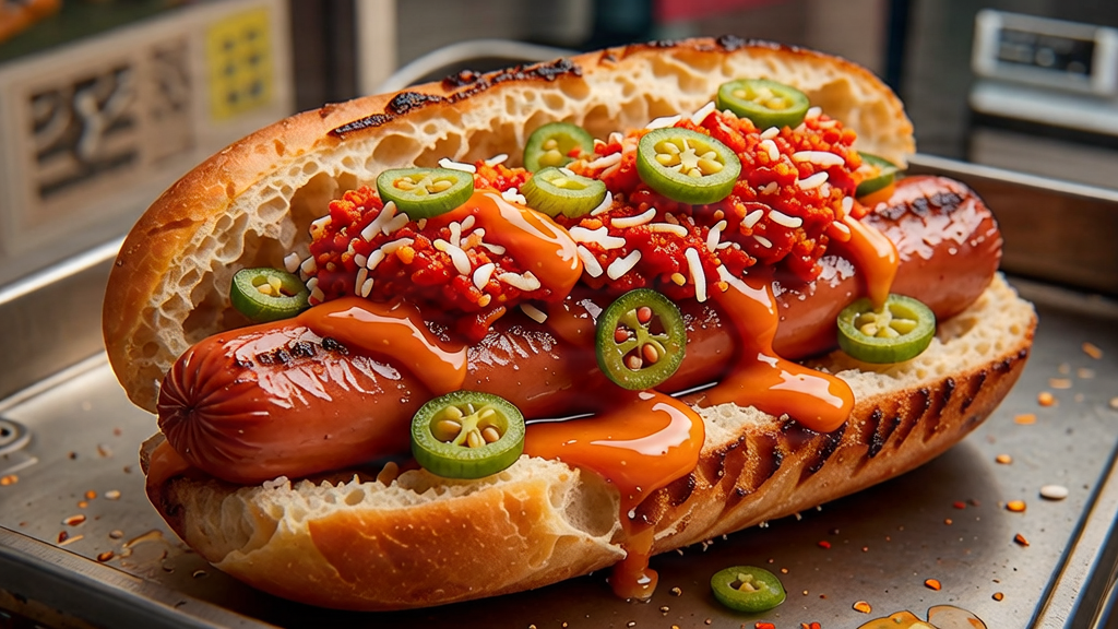 Close-up of a loaded Mawa's hot dog with bold Sri Lankan spices